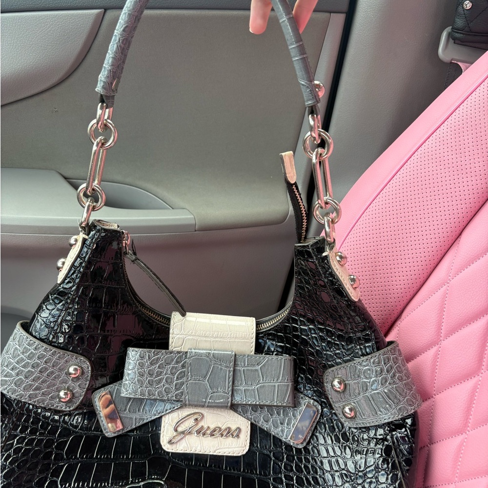 Guess Black and Gray Croc-Embossed Shoulder Bag